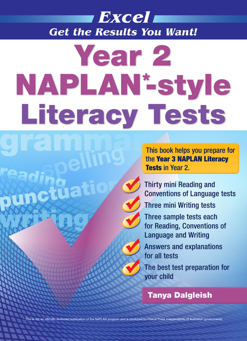 Front cover of the Excel Year 2 NAPLAN-style Literacy Tests workbook from Pascal Press