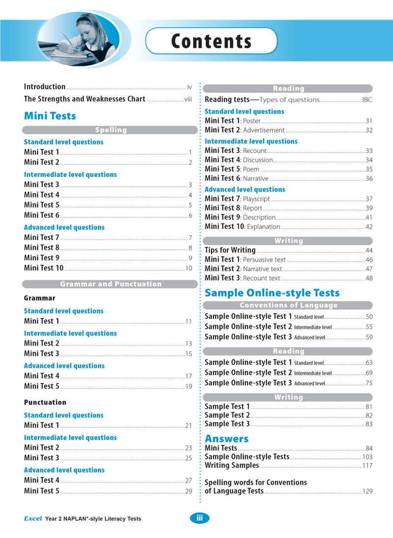 Contents page listing the tests and sections in the Excel Year 2 NAPLAN-style Literacy Tests workbook