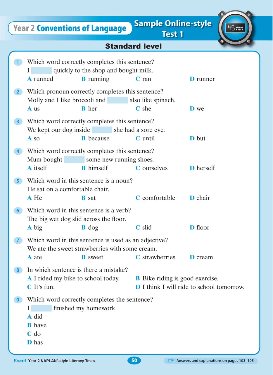 Sample interior page from the Excel Year 2 NAPLAN-style Literacy Tests workbook as shown in the publisher gallery