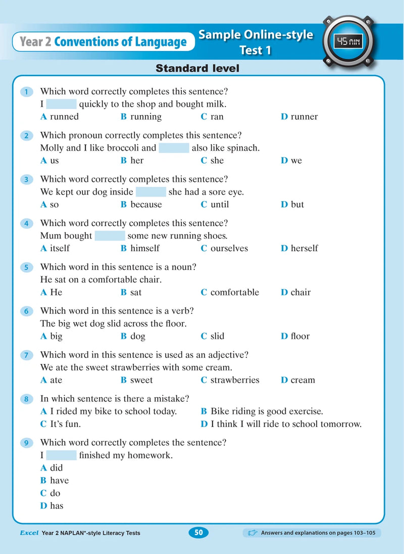 Sample interior page from the Excel Year 2 NAPLAN-style Literacy Tests workbook as shown in the publisher gallery