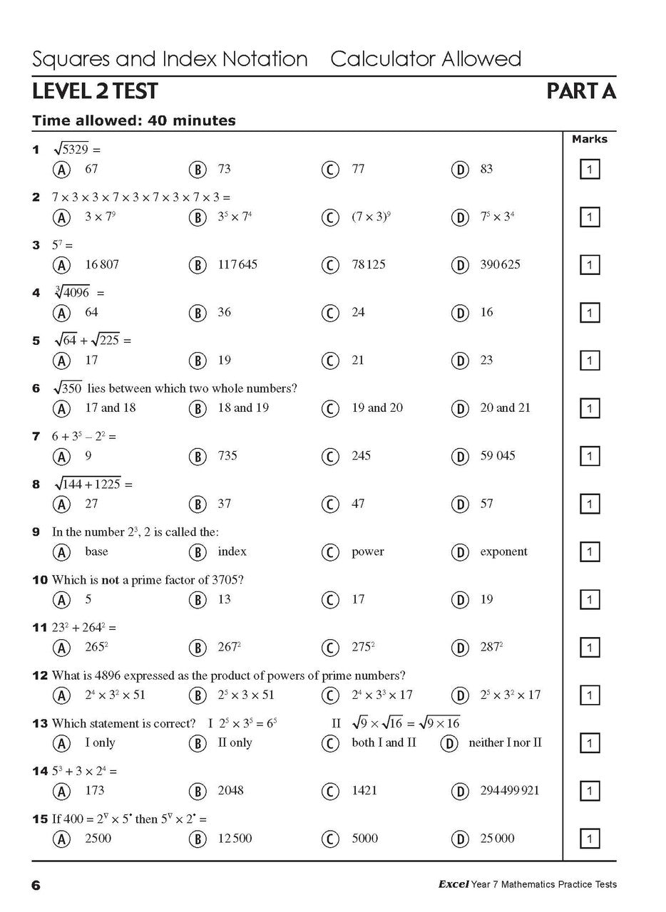 Sample interior page from the Excel Year 7 Mathematics Practice Tests book as shown in the Pascal Press product gallery