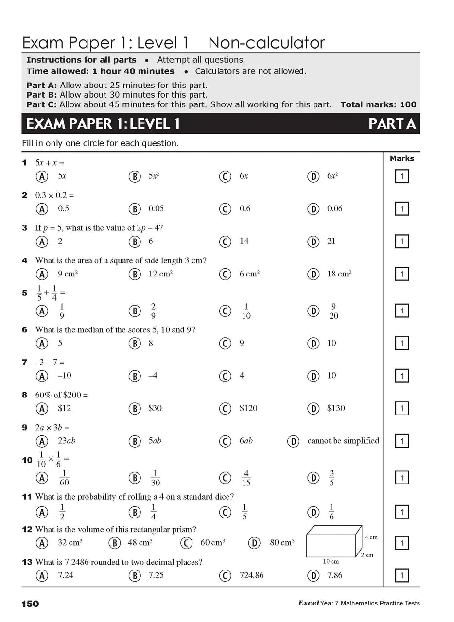 Sample interior page from the Excel Year 7 Mathematics Practice Tests book as shown in the Pascal Press product gallery