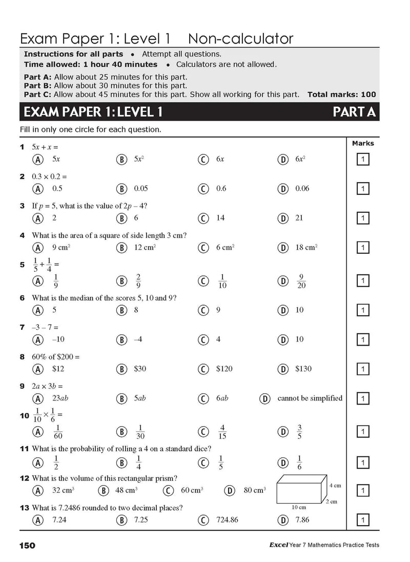 Sample interior page from the Excel Year 7 Mathematics Practice Tests book as shown in the Pascal Press product gallery