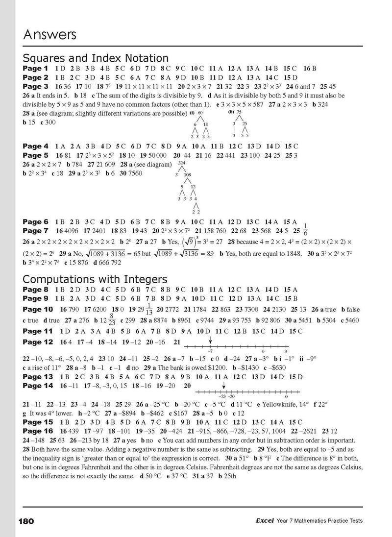 Sample interior page from the Excel Year 7 Mathematics Practice Tests book as shown in the Pascal Press product gallery