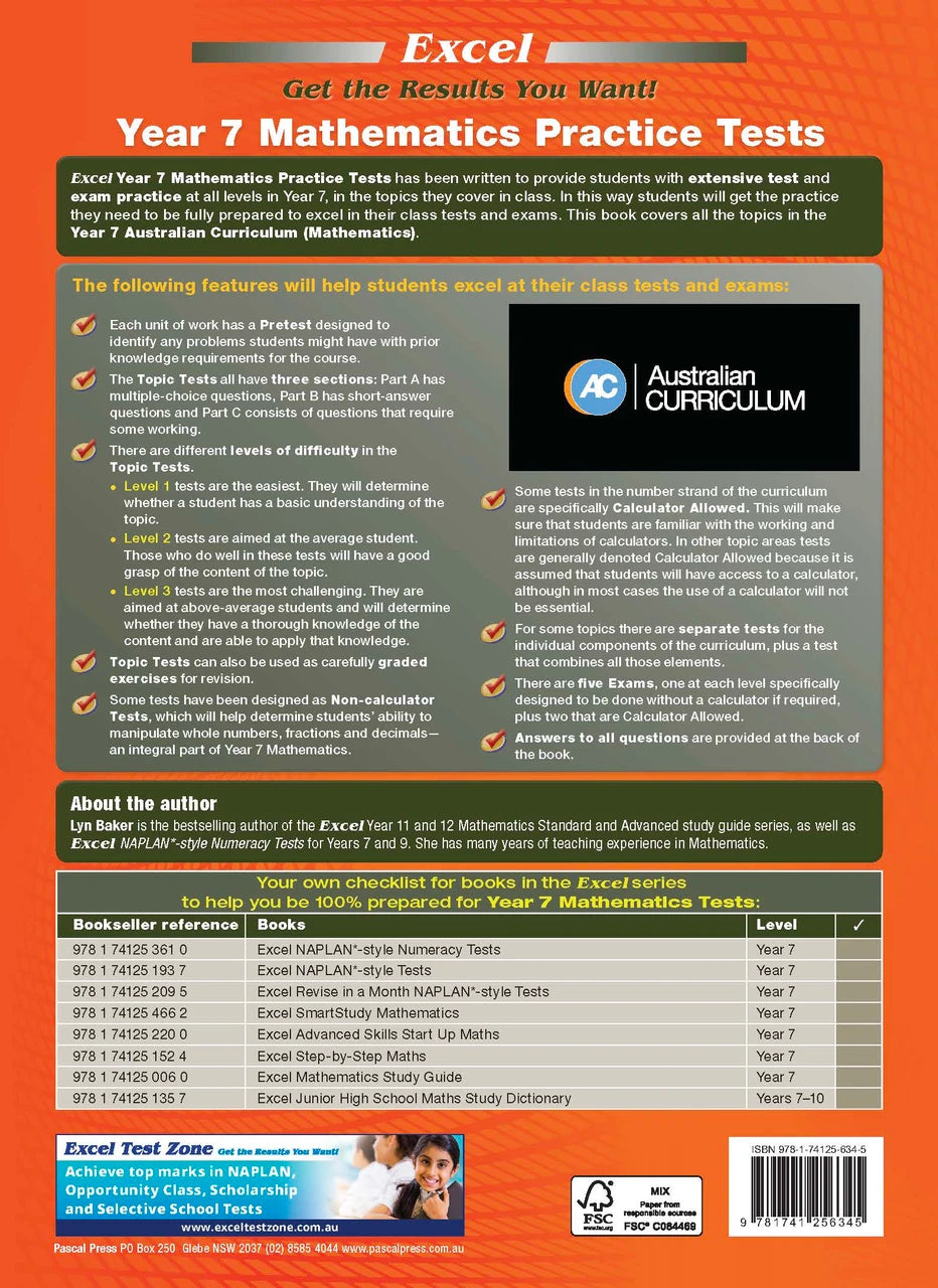 Sample interior page from the Excel Year 7 Mathematics Practice Tests book as shown in the Pascal Press product gallery