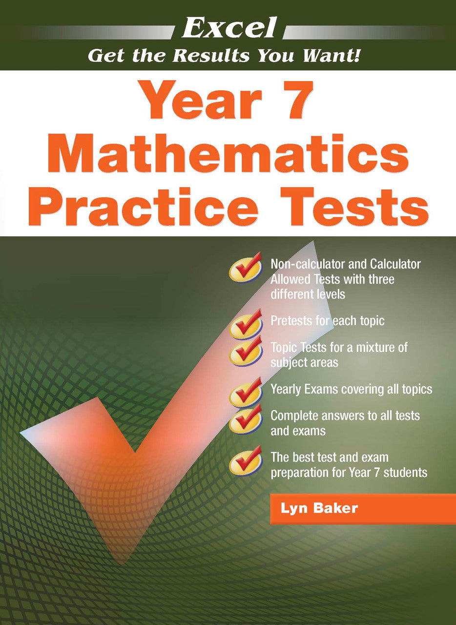 Front cover of the Excel Year 7 Mathematics Practice Tests book from Pascal Press, shown as the main product image