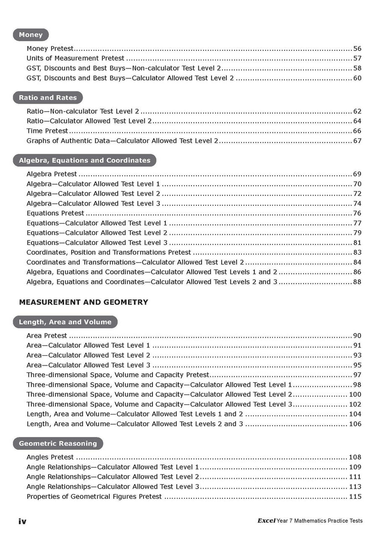 Sample interior page from the Excel Year 7 Mathematics Practice Tests book as shown in the Pascal Press product gallery
