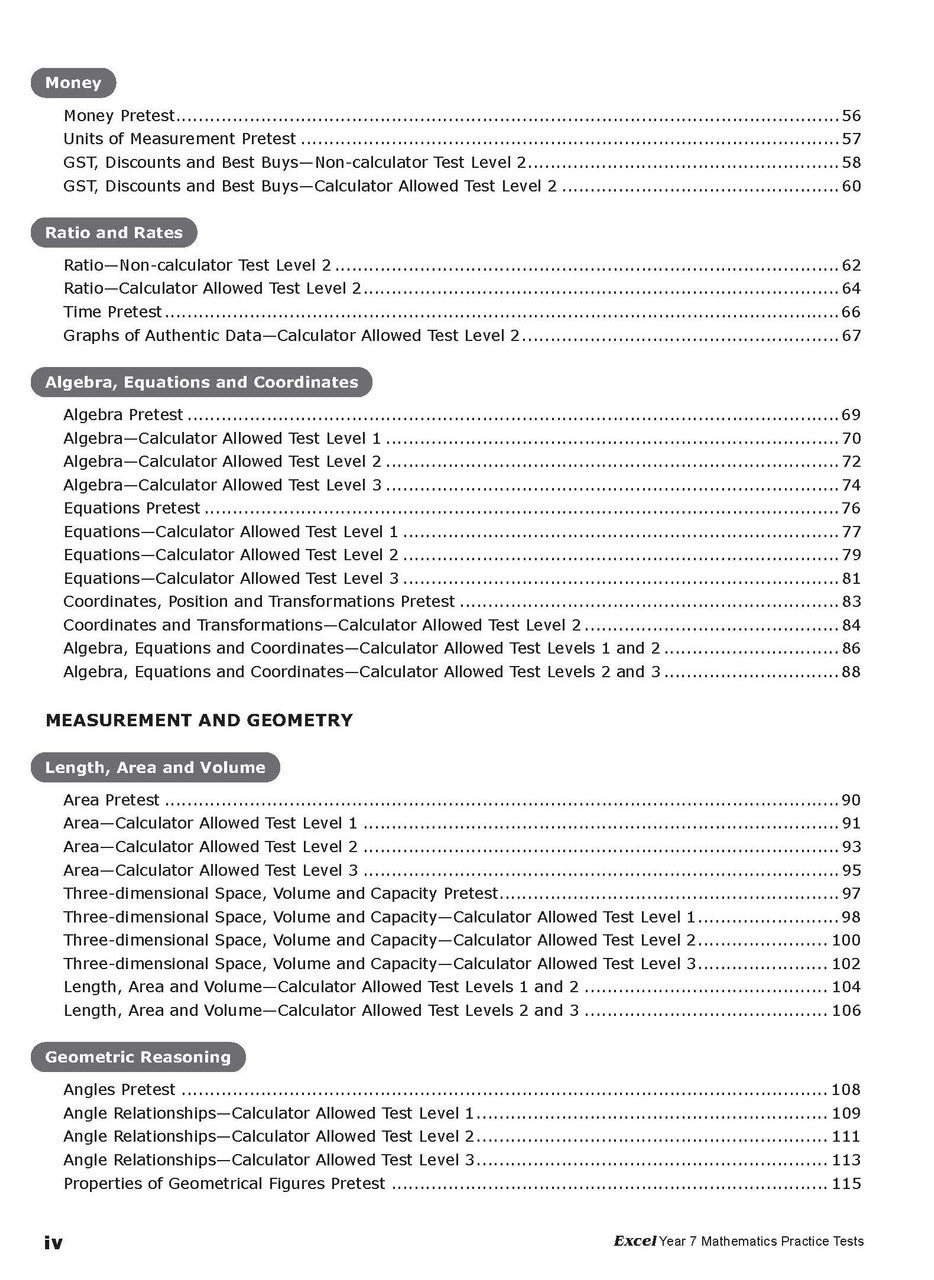 Sample interior page from the Excel Year 7 Mathematics Practice Tests book as shown in the Pascal Press product gallery