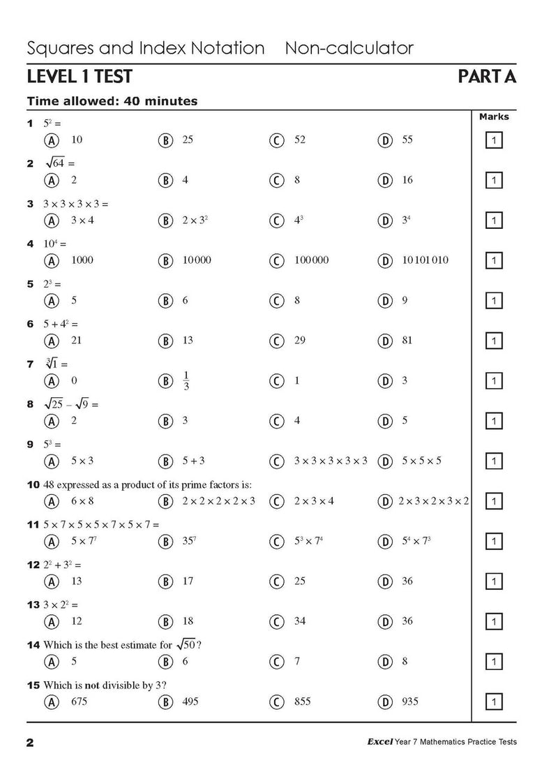 Sample interior page from the Excel Year 7 Mathematics Practice Tests book as shown in the Pascal Press product gallery