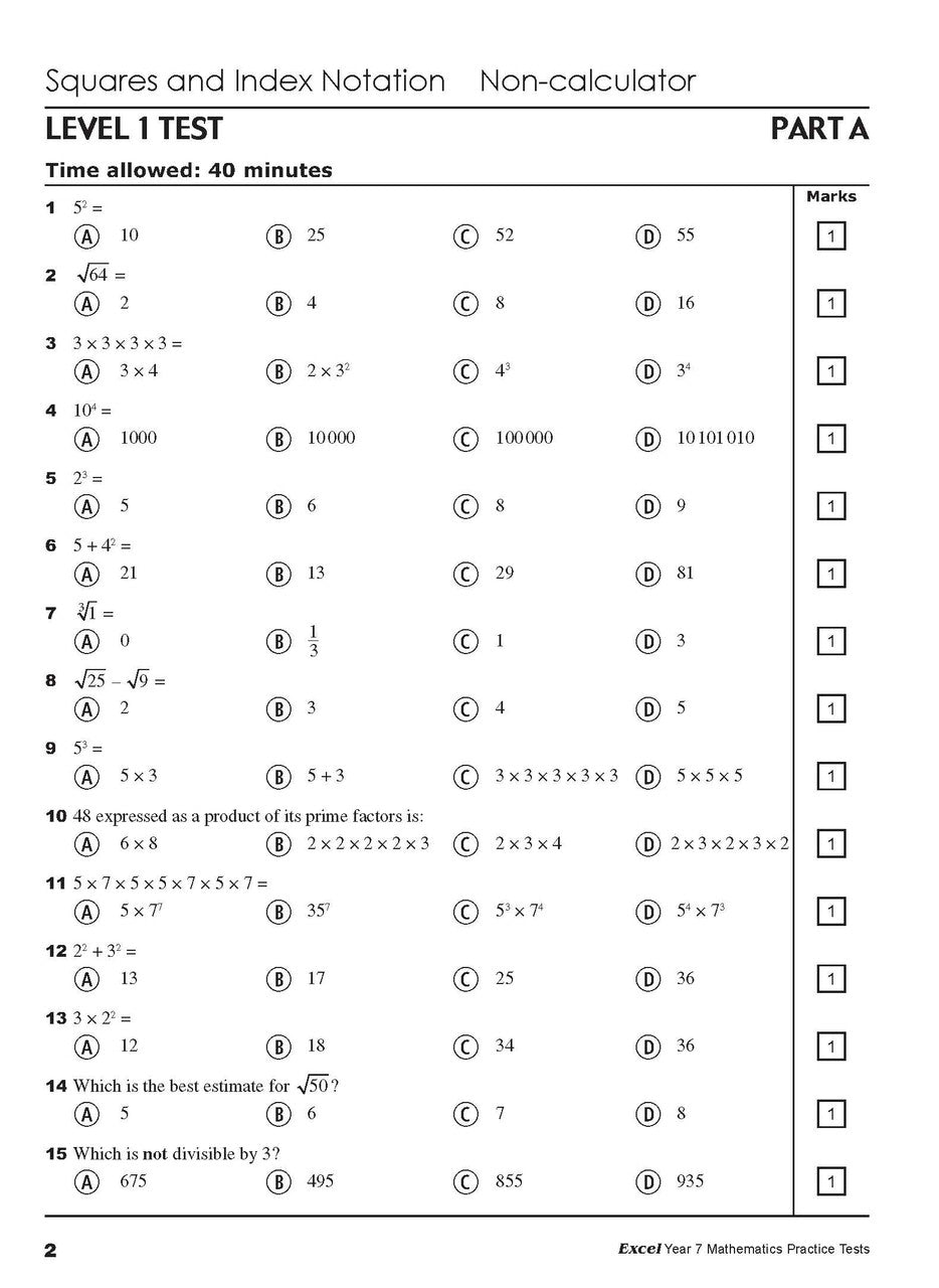 Sample interior page from the Excel Year 7 Mathematics Practice Tests book as shown in the Pascal Press product gallery