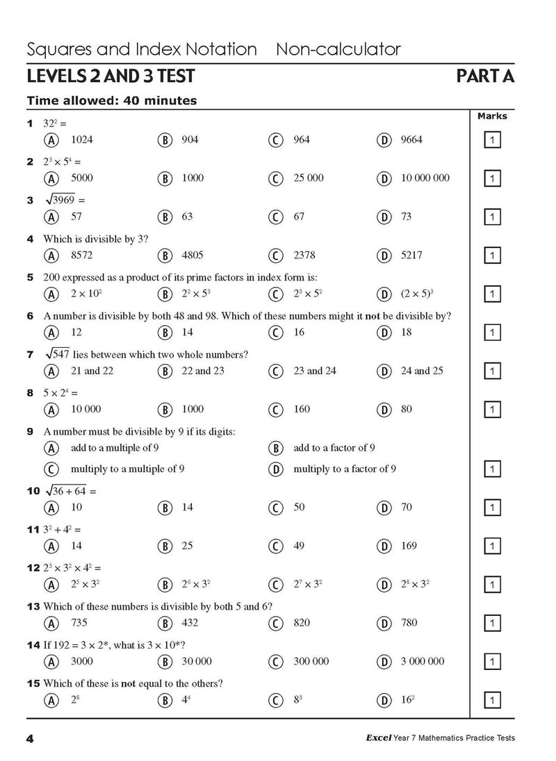 Sample interior page from the Excel Year 7 Mathematics Practice Tests book as shown in the Pascal Press product gallery
