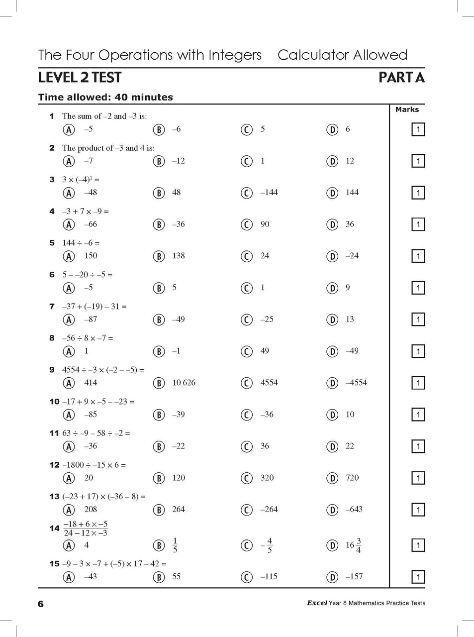 Sample interior page from Excel Year 8 Mathematics Practice Tests as shown in the Pascal Press product gallery, giving a preview of the layout and content