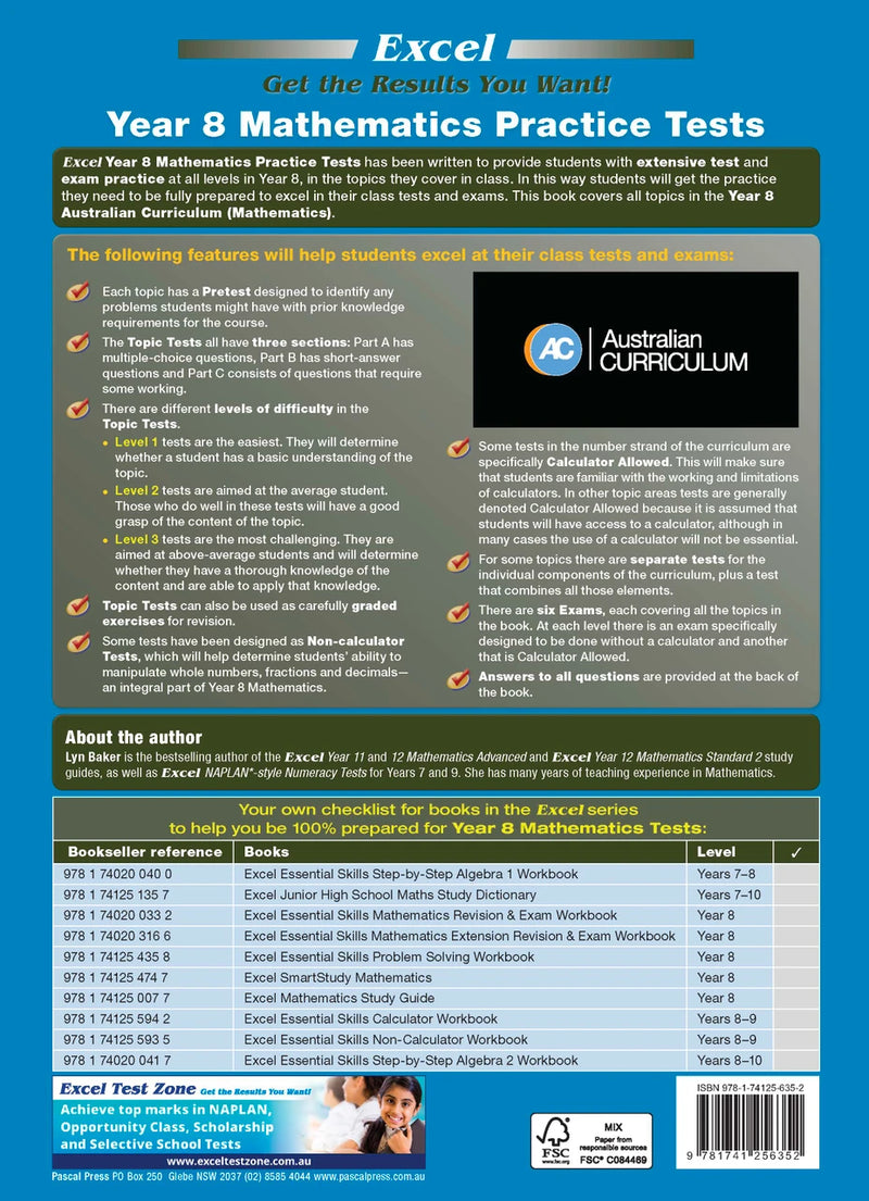 Sample interior page from Excel Year 8 Mathematics Practice Tests as shown in the Pascal Press product gallery, giving a preview of the layout and content