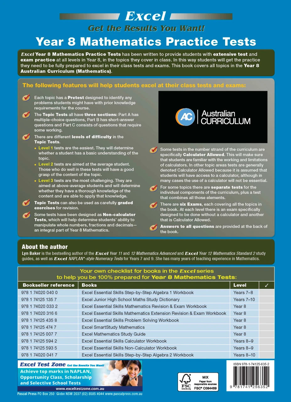 Sample interior page from Excel Year 8 Mathematics Practice Tests as shown in the Pascal Press product gallery, giving a preview of the layout and content