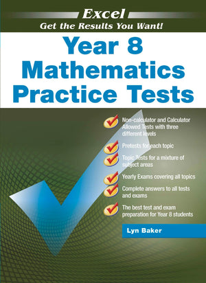 Front cover of Excel Year 8 Mathematics Practice Tests from Pascal Press, shown as the main product image for this secondary school maths test book