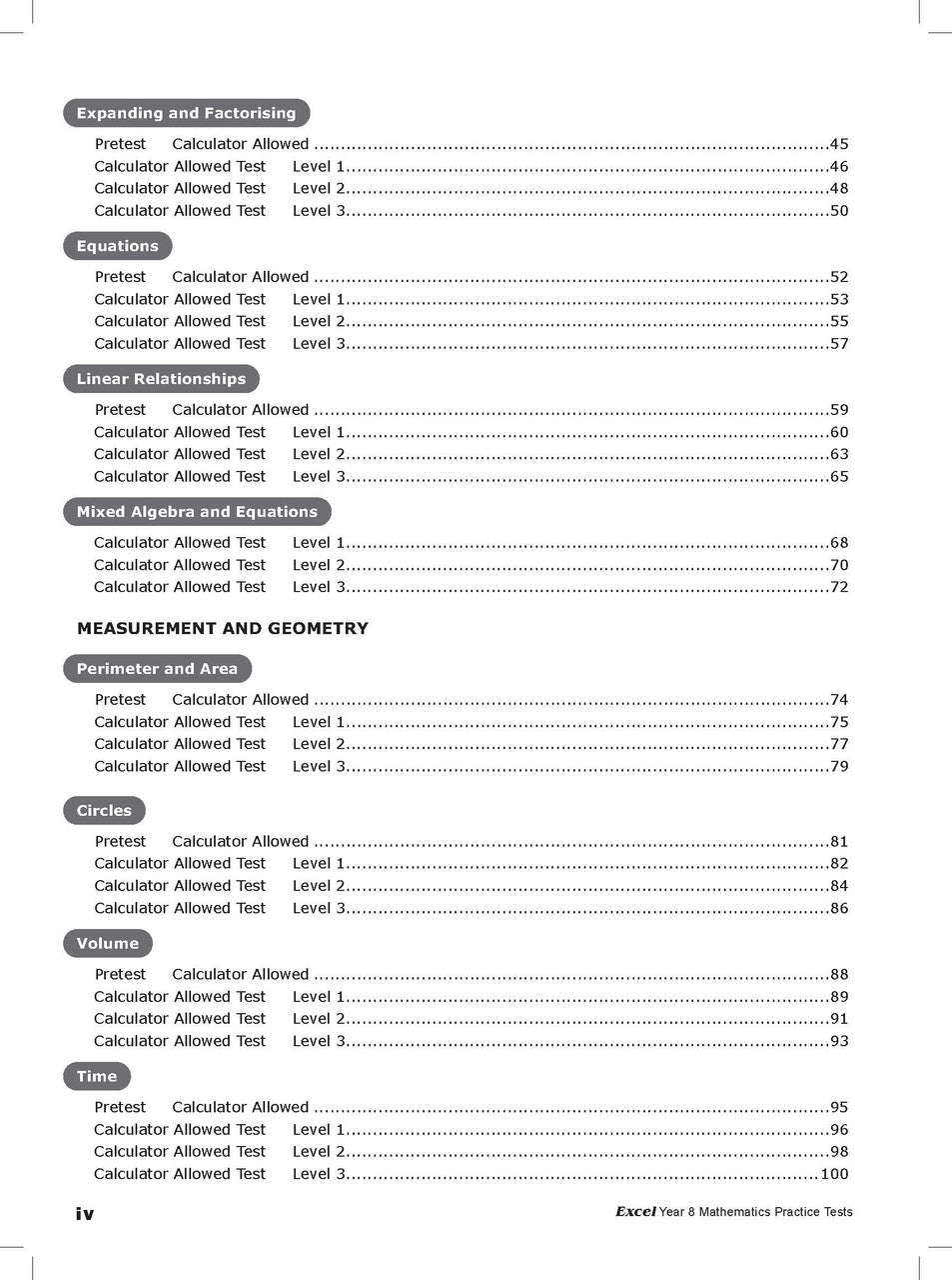 Sample interior page from Excel Year 8 Mathematics Practice Tests as shown in the Pascal Press product gallery, giving a preview of the layout and content