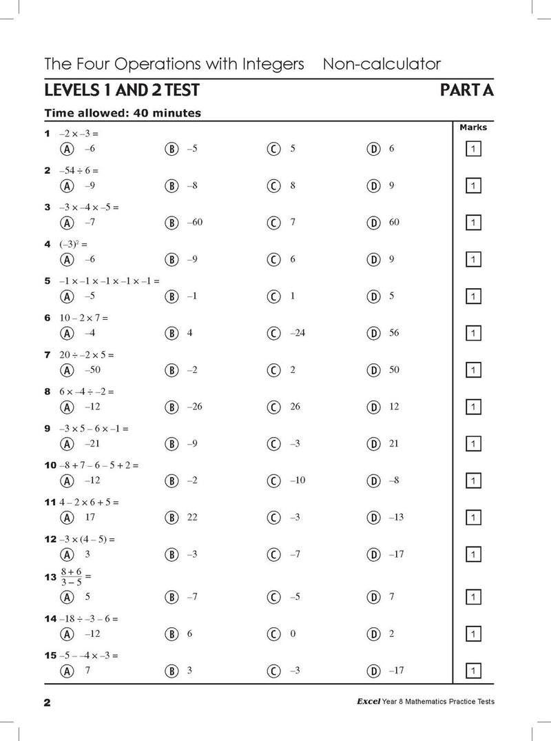 Sample interior page from Excel Year 8 Mathematics Practice Tests as shown in the Pascal Press product gallery, giving a preview of the layout and content
