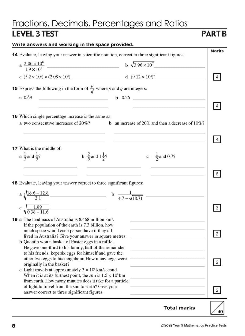 Sample interior page from Excel Year 9 Mathematics Practice Tests as shown in the Pascal Press product gallery, giving a preview of the layout and content