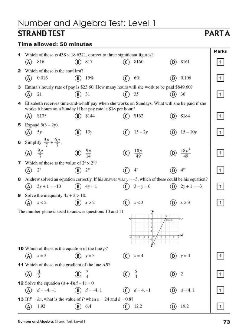 Sample interior page from Excel Year 9 Mathematics Practice Tests as shown in the Pascal Press product gallery, giving a preview of the layout and content