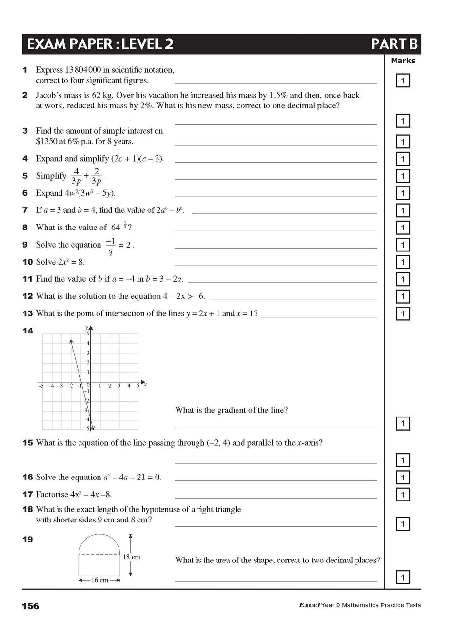 Sample interior page from Excel Year 9 Mathematics Practice Tests as shown in the Pascal Press product gallery, giving a preview of the layout and content