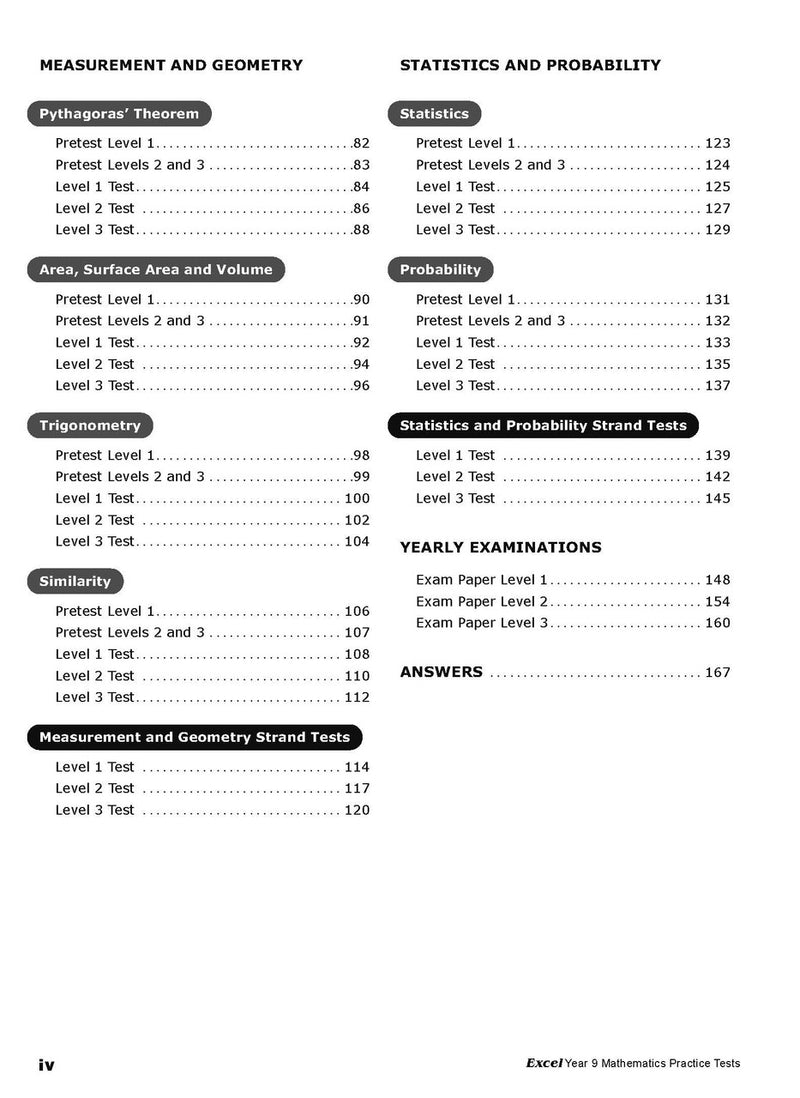 Sample interior page from Excel Year 9 Mathematics Practice Tests as shown in the Pascal Press product gallery, giving a preview of the layout and content