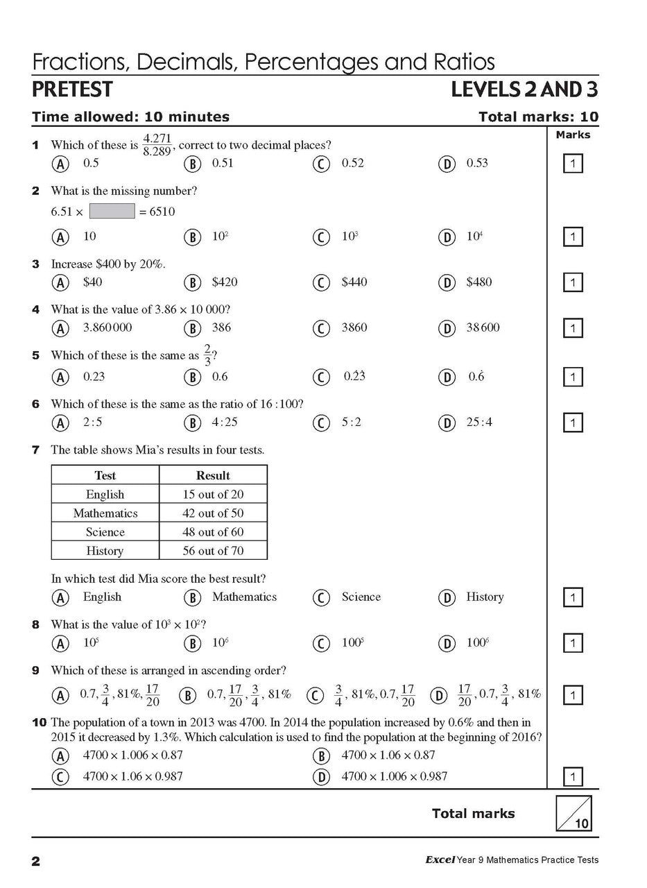 Sample interior page from Excel Year 9 Mathematics Practice Tests as shown in the Pascal Press product gallery, giving a preview of the layout and content