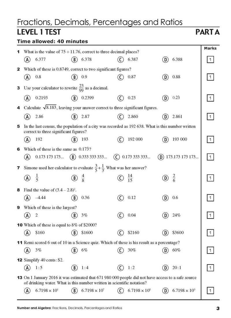 Sample interior page from Excel Year 9 Mathematics Practice Tests as shown in the Pascal Press product gallery, giving a preview of the layout and content