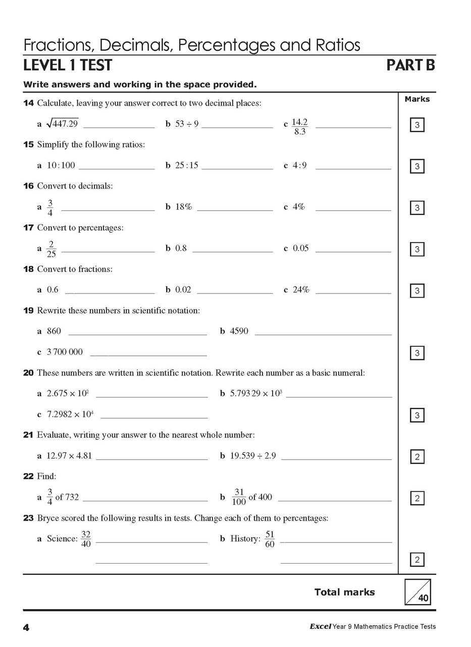 Sample interior page from Excel Year 9 Mathematics Practice Tests as shown in the Pascal Press product gallery, giving a preview of the layout and content