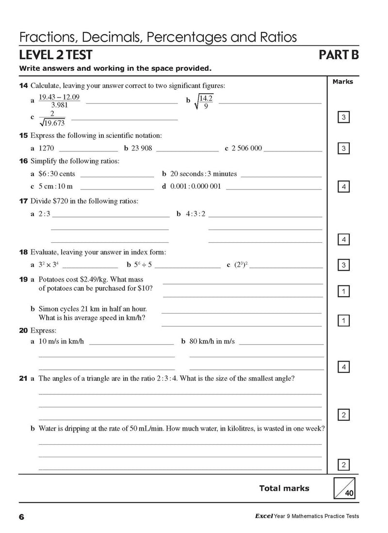 Sample interior page from Excel Year 9 Mathematics Practice Tests as shown in the Pascal Press product gallery, giving a preview of the layout and content