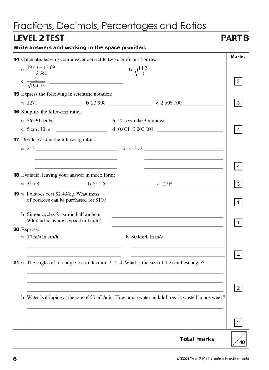 Sample interior page from Excel Year 9 Mathematics Practice Tests as shown in the Pascal Press product gallery, giving a preview of the layout and content