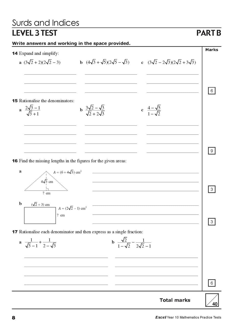 Sample interior page from Excel Year 10 Mathematics Practice Tests as shown in the Pascal Press product gallery, giving a preview of the layout and content