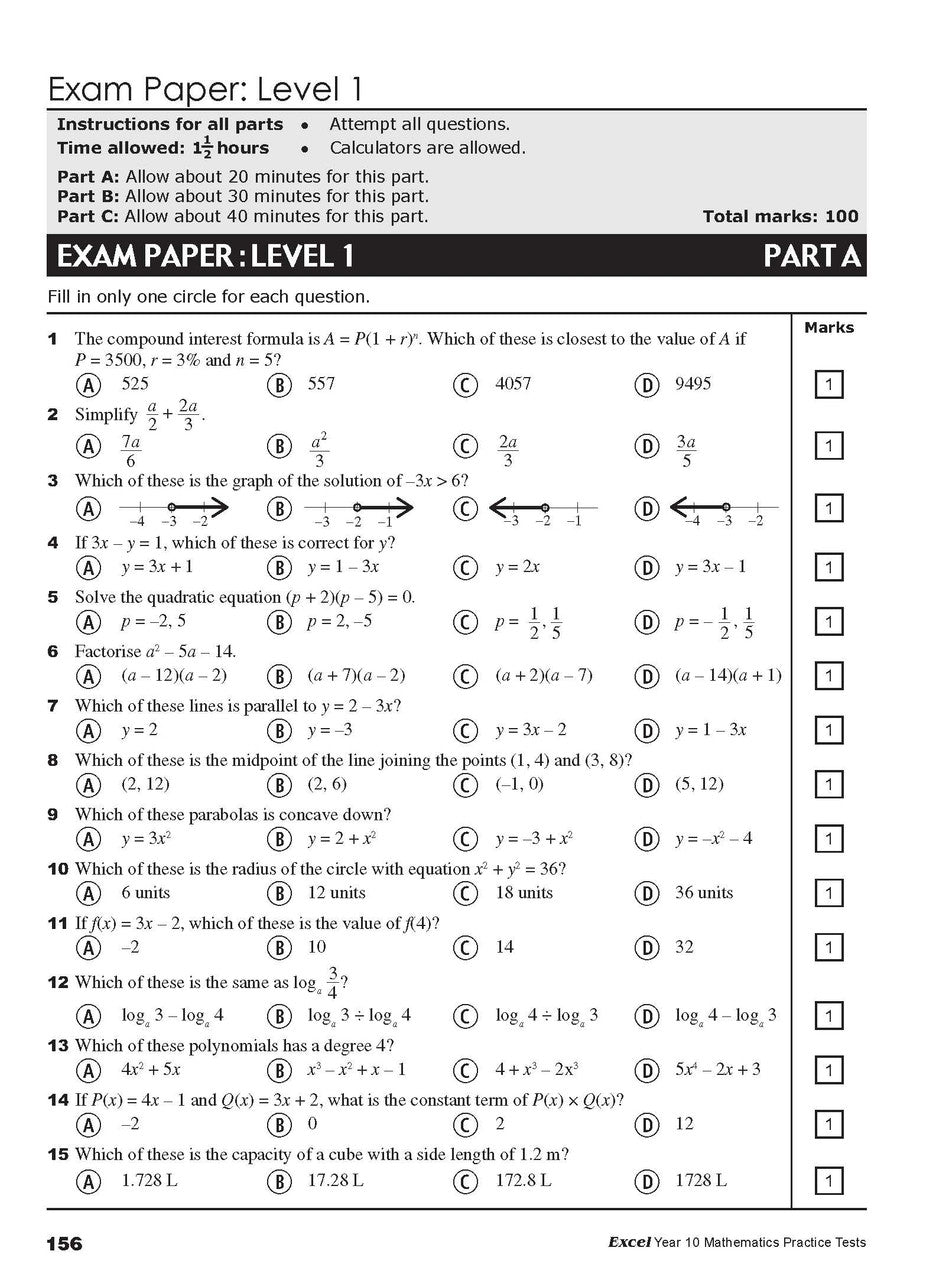 Sample interior page from Excel Year 10 Mathematics Practice Tests as shown in the Pascal Press product gallery, giving a preview of the layout and content