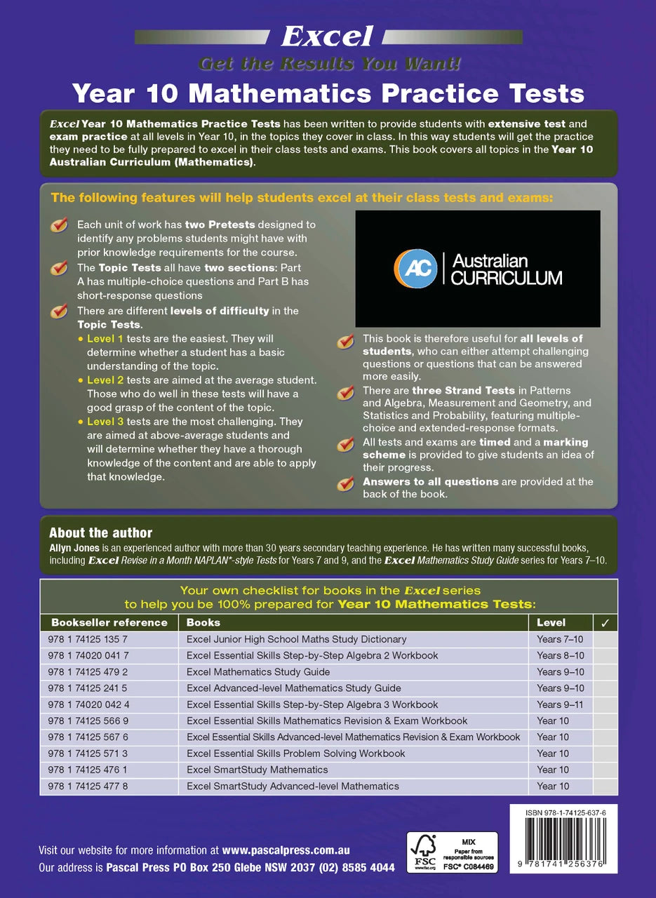Sample interior page from Excel Year 10 Mathematics Practice Tests as shown in the Pascal Press product gallery, giving a preview of the layout and content