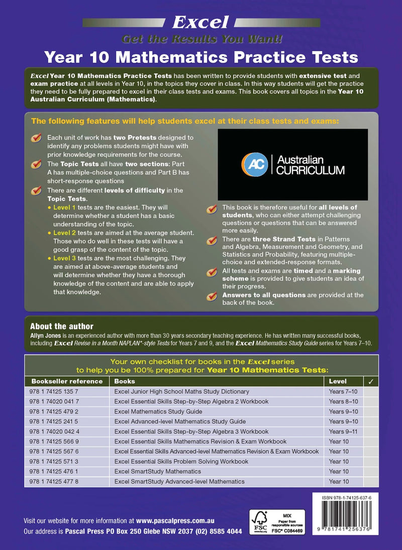 Sample interior page from Excel Year 10 Mathematics Practice Tests as shown in the Pascal Press product gallery, giving a preview of the layout and content