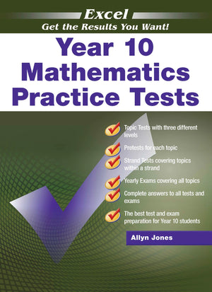 Front cover of Excel Year 10 Mathematics Practice Tests from Pascal Press, shown as the main product image for this secondary school maths test book