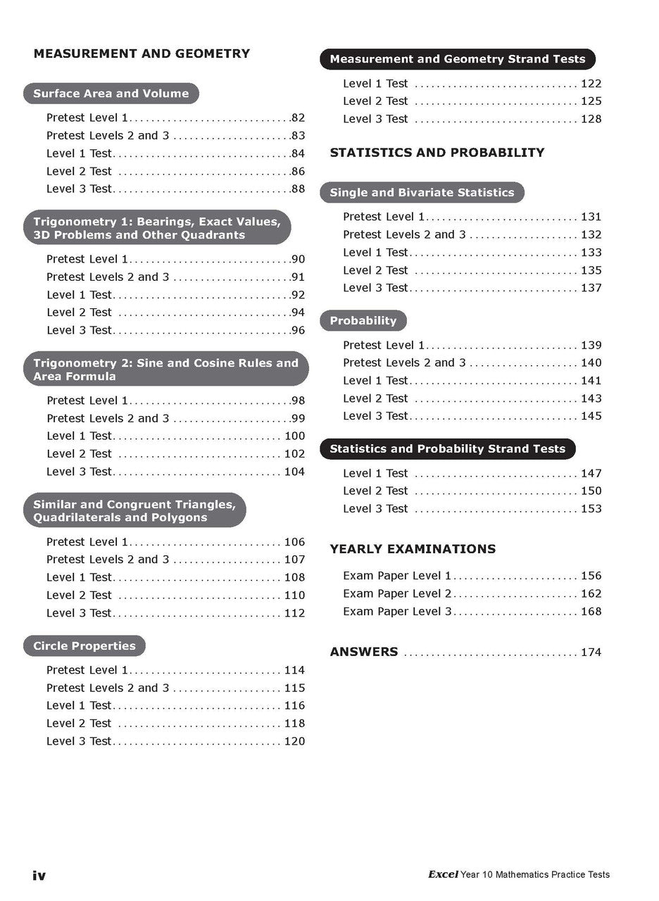 Sample interior page from Excel Year 10 Mathematics Practice Tests as shown in the Pascal Press product gallery, giving a preview of the layout and content