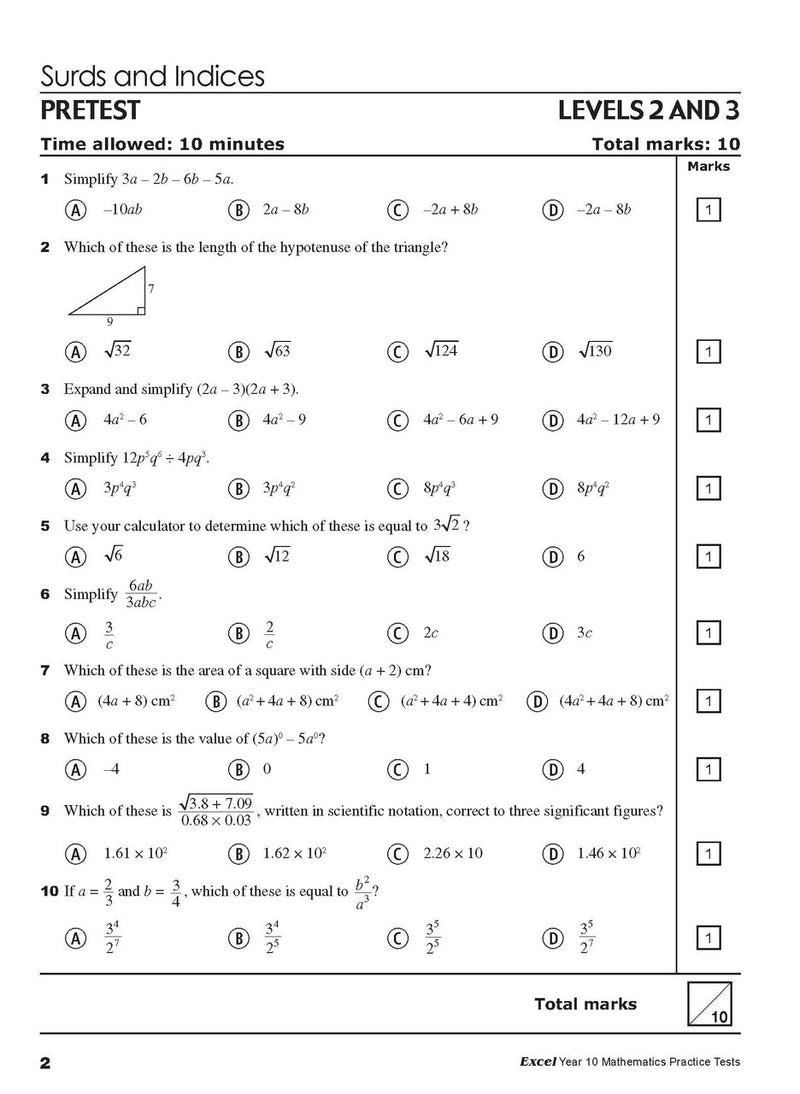 Sample interior page from Excel Year 10 Mathematics Practice Tests as shown in the Pascal Press product gallery, giving a preview of the layout and content