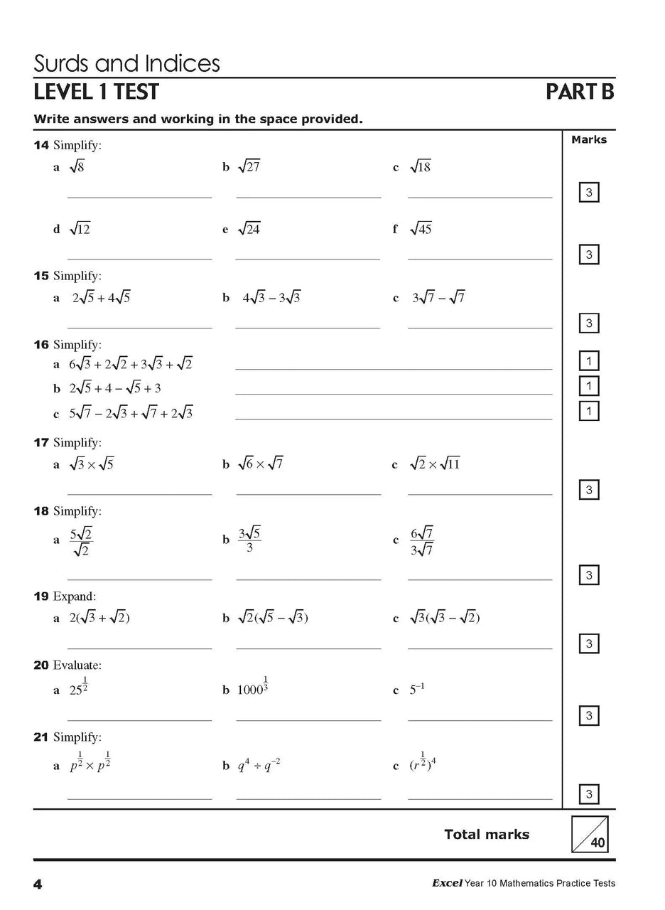 Sample interior page from Excel Year 10 Mathematics Practice Tests as shown in the Pascal Press product gallery, giving a preview of the layout and content