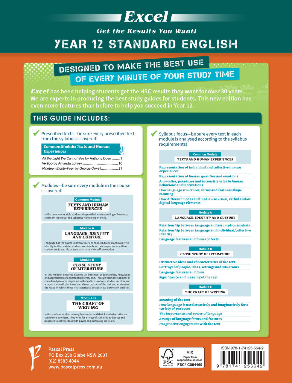 Back cover of Excel Year 12 Standard English Study Guide as shown in the Pascal Press product gallery