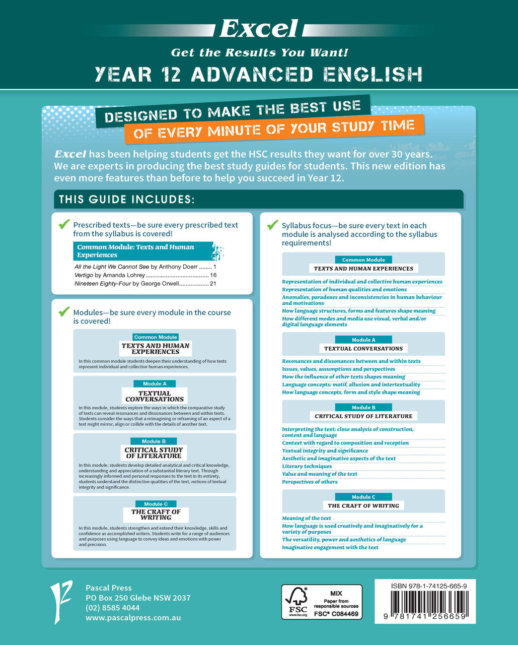 Back cover of Excel Year 12 Advanced English Study Guide as shown in the Pascal Press product gallery