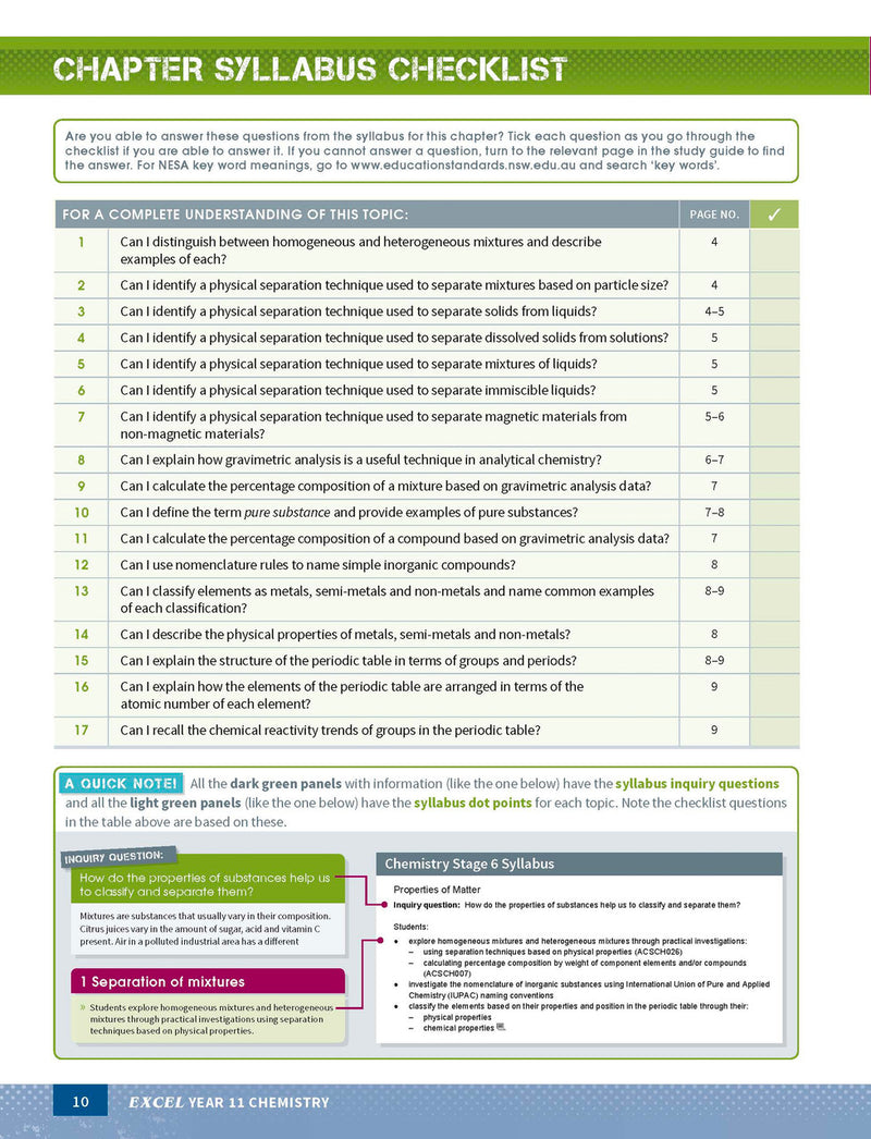 Sample page from the Excel Year 11 Chemistry Study Guide, as shown in the Pascal Press product gallery