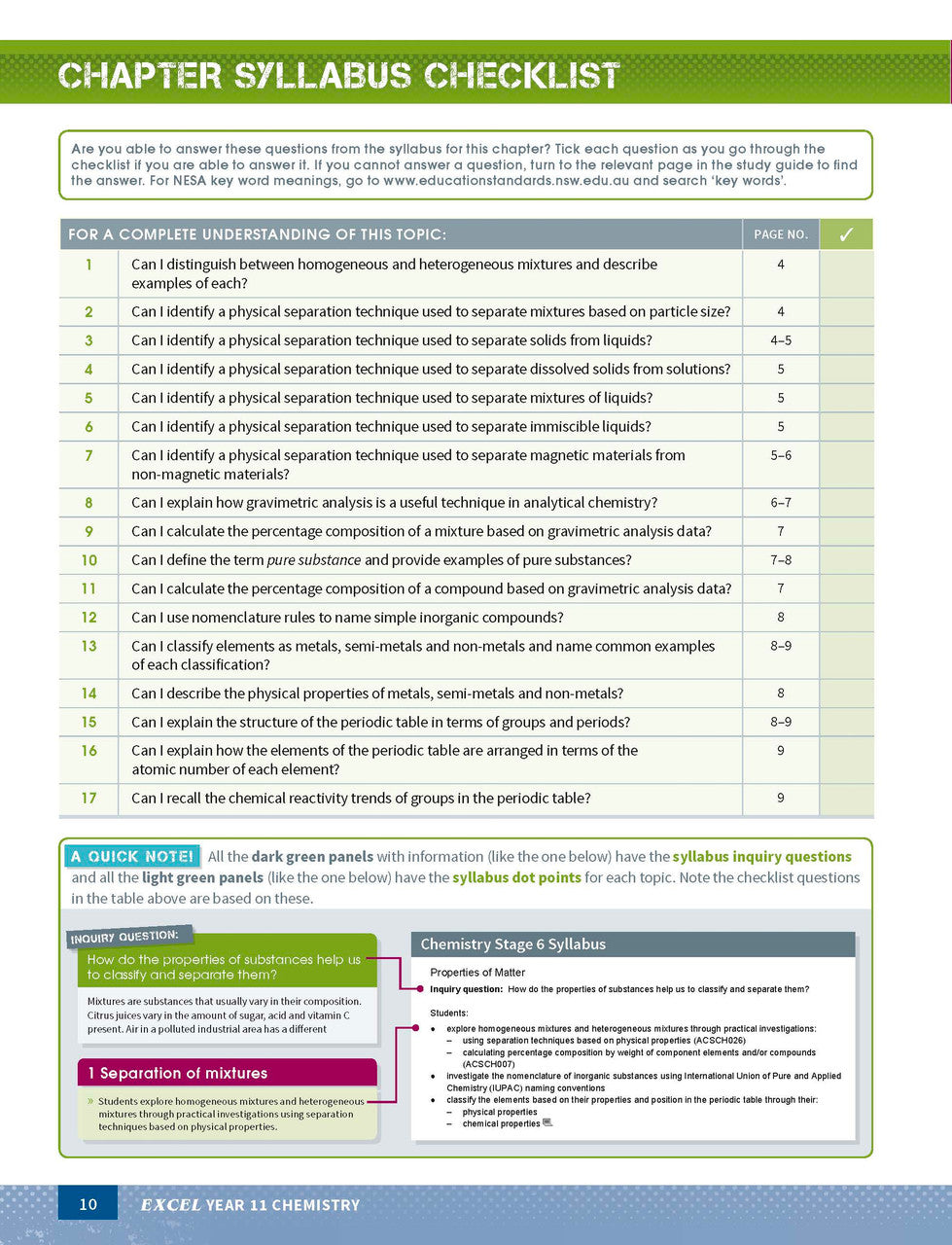 Sample page from the Excel Year 11 Chemistry Study Guide, as shown in the Pascal Press product gallery