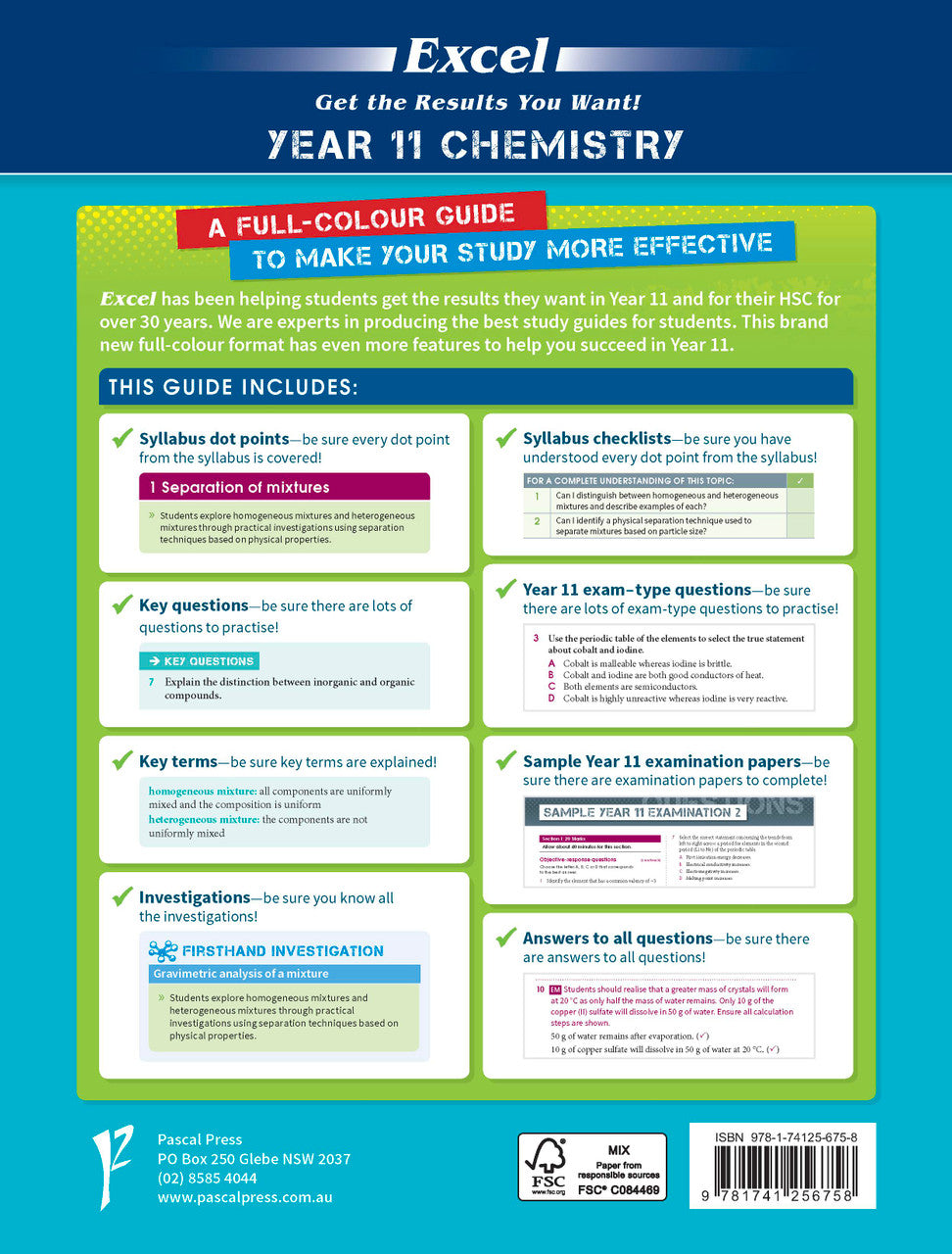 Sample page from the Excel Year 11 Chemistry Study Guide, as shown in the Pascal Press product gallery