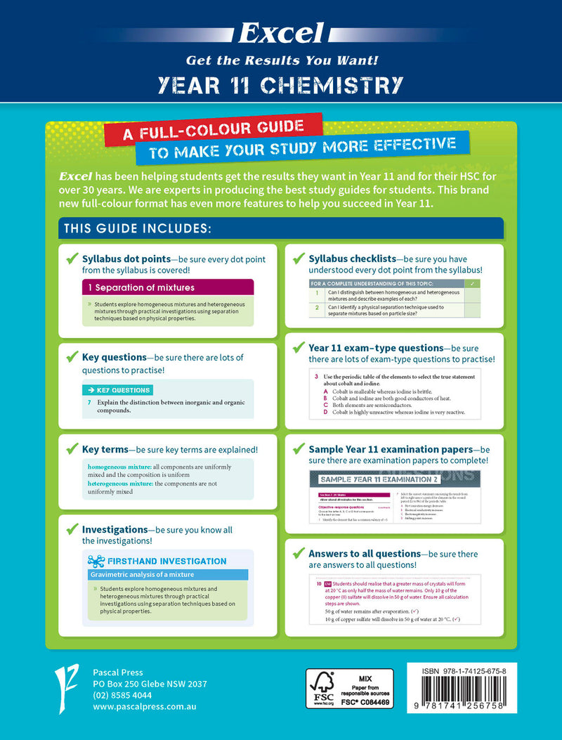 Sample page from the Excel Year 11 Chemistry Study Guide, as shown in the Pascal Press product gallery
