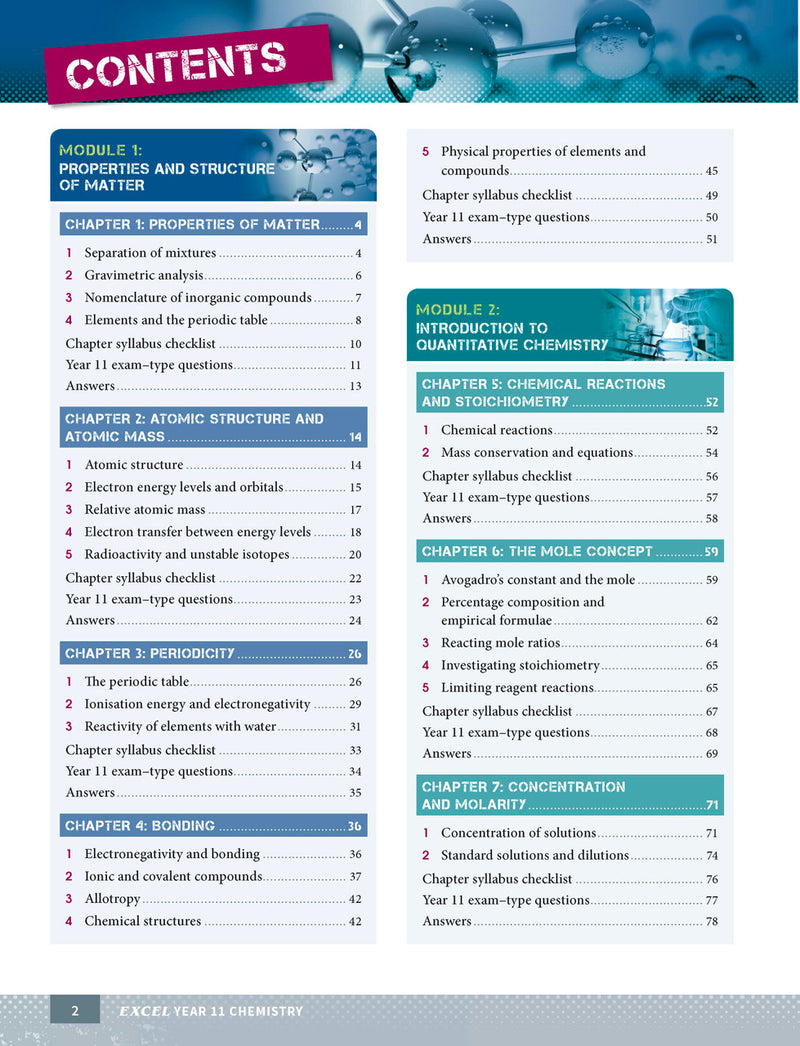 Sample page from the Excel Year 11 Chemistry Study Guide, as shown in the Pascal Press product gallery