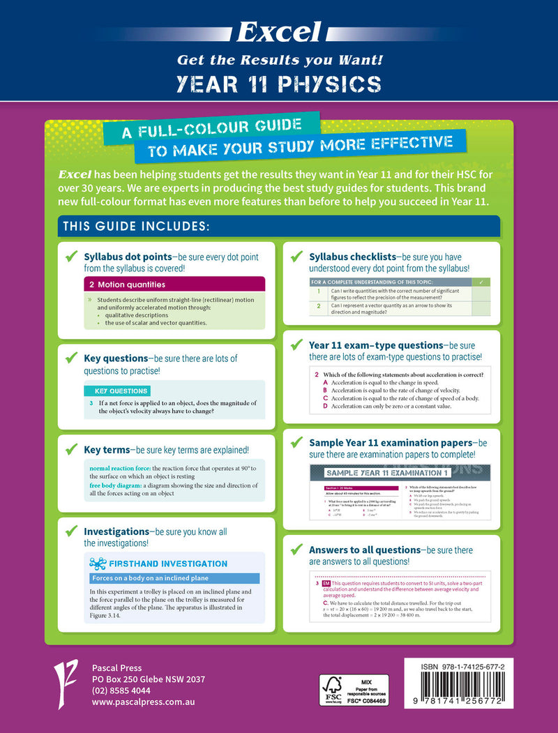 Sample page from the Excel Year 11 Physics Study Guide, as shown in the Pascal Press product gallery