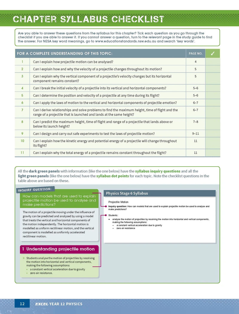Inside page preview from the Excel Year 12 Physics Study Guide, the eleventh sample page in the publisher's gallery