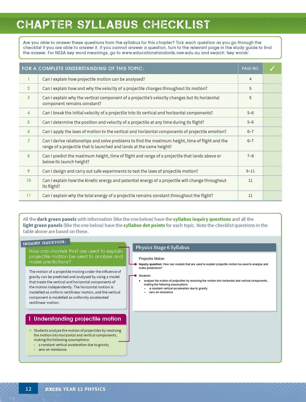 Inside page preview from the Excel Year 12 Physics Study Guide, the eleventh sample page in the publisher's gallery