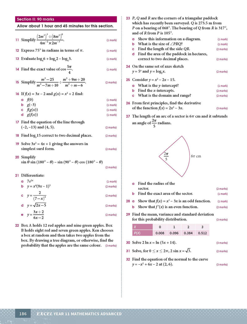 Sample page from the Excel Year 11 Mathematics Advanced Study Guide, as shown in the Pascal Press product gallery