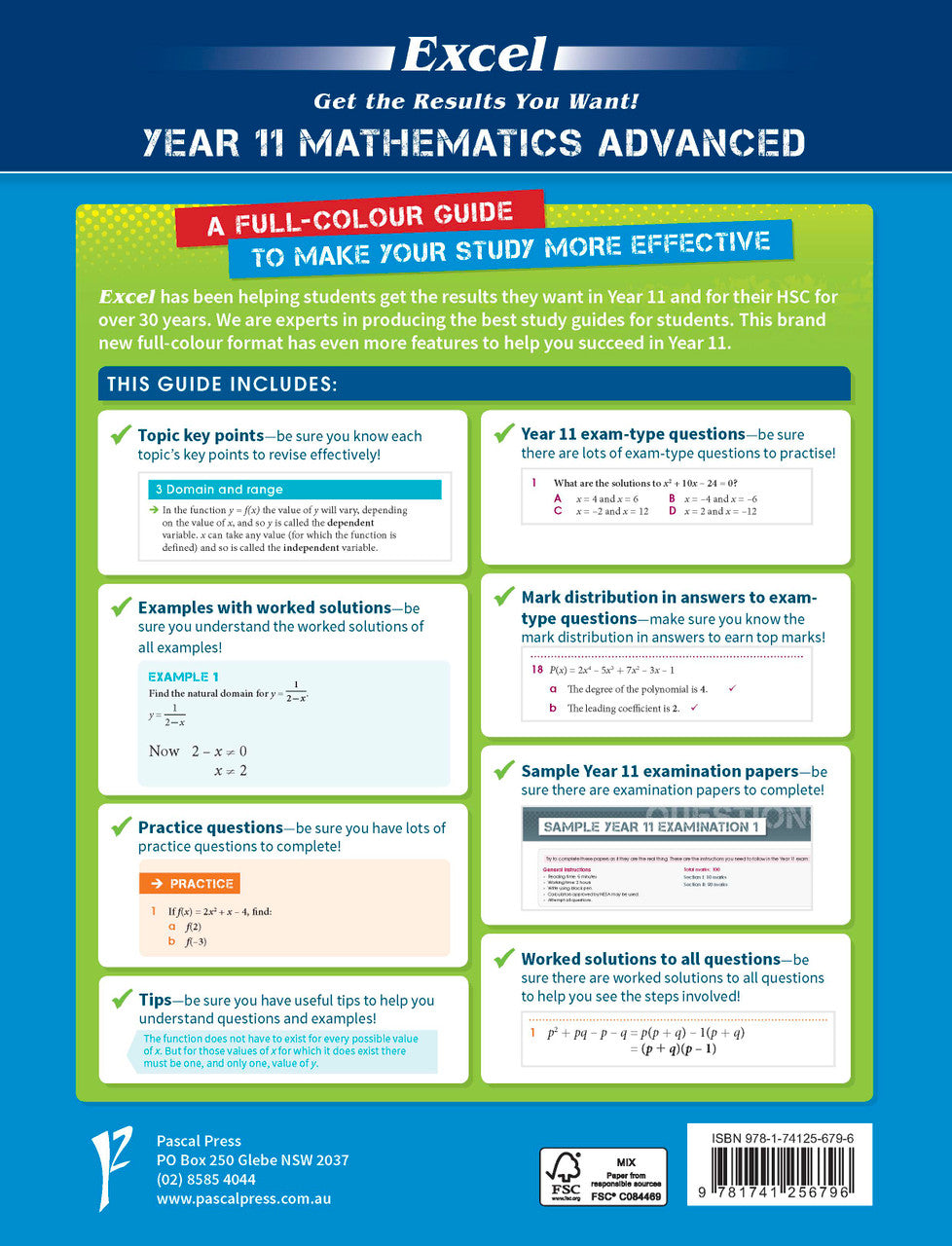 Sample page from the Excel Year 11 Mathematics Advanced Study Guide, as shown in the Pascal Press product gallery